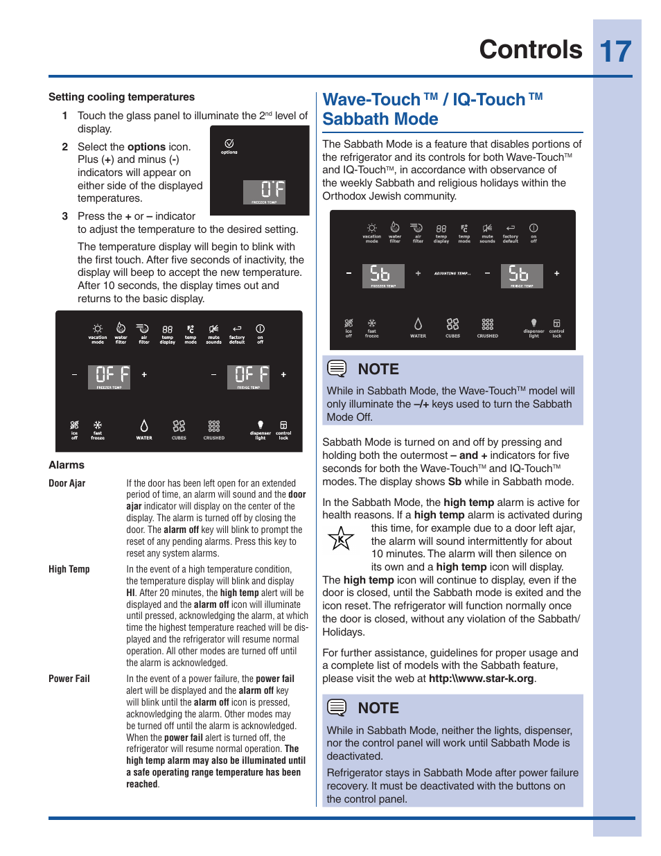Controls, Wave-touch, Iq-touch | Sabbath mode | Electrolux EW28BS85KS User Manual | Page 17 / 39