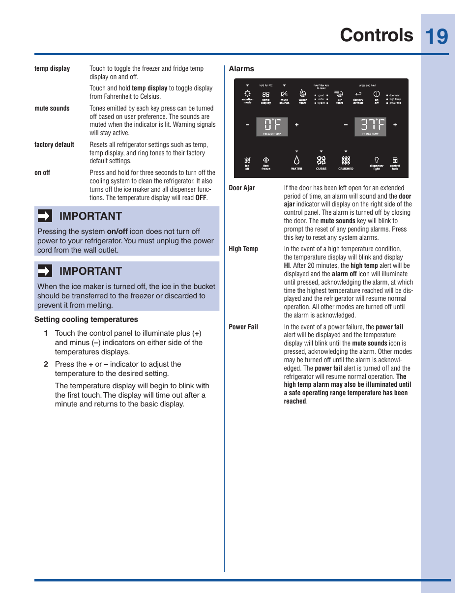 Controls, Important | Electrolux EW28BS85KS User Manual | Page 19 / 39
