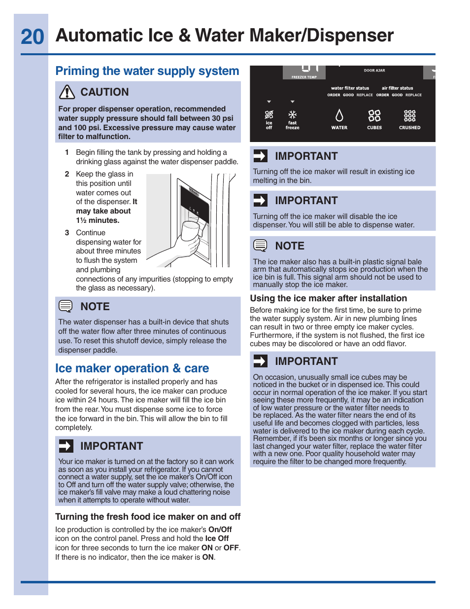 Automatic ice & water maker/dispenser, Priming the water supply system, Ice maker operation & care | Important, Caution | Electrolux EW28BS85KS User Manual | Page 20 / 39