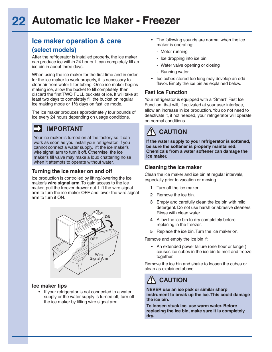 Automatic ice maker - freezer, Ice maker operation & care, Select models) | Important, Caution | Electrolux EW28BS85KS User Manual | Page 22 / 39