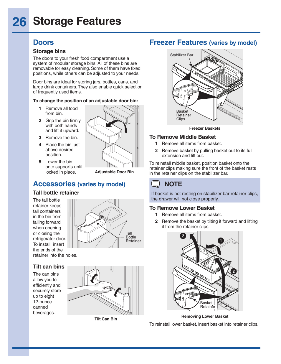 Storage features, Doors, Accessories | Freezer features, Varies by model) | Electrolux EW28BS85KS User Manual | Page 26 / 39