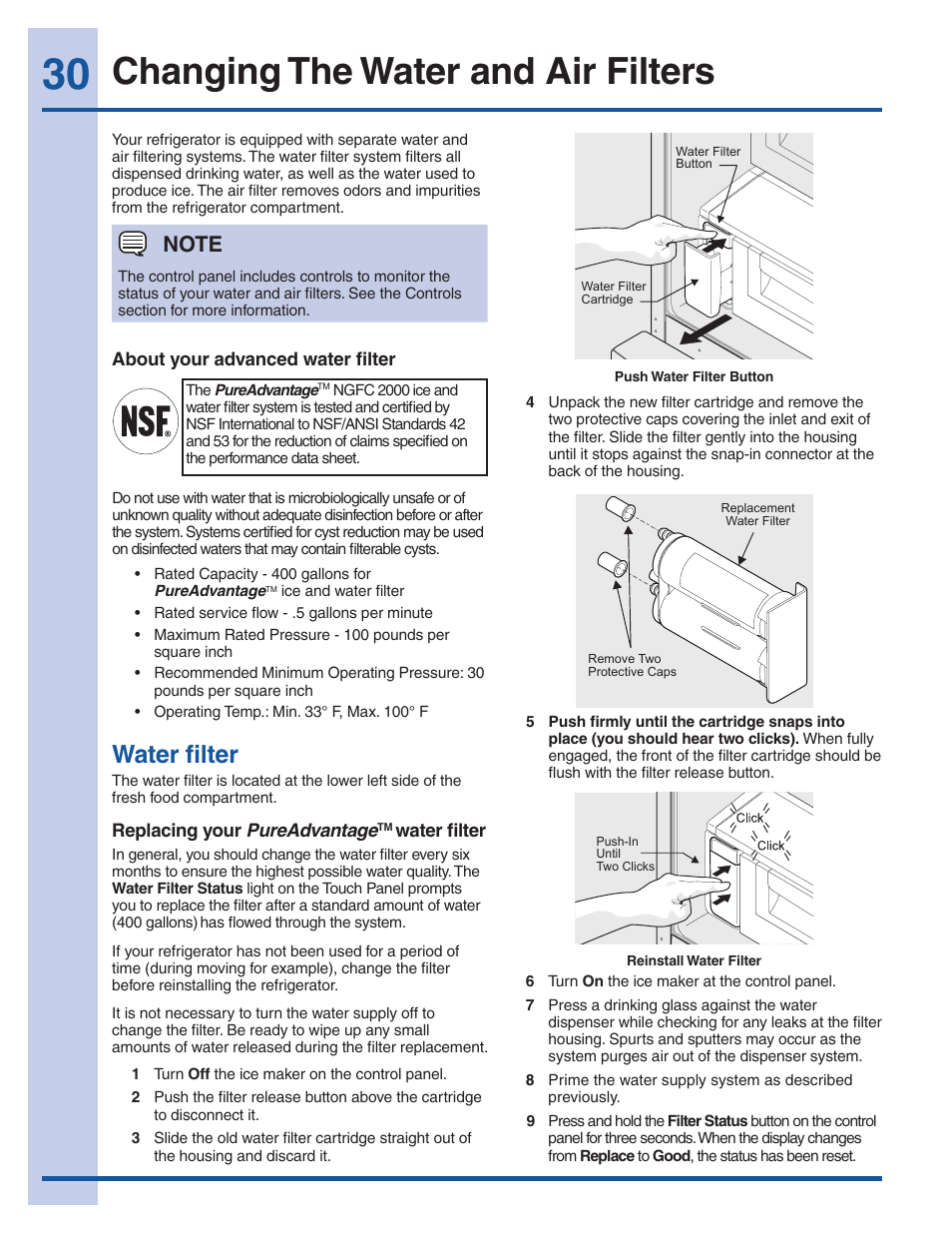 Changing the water and air filters, Water filter | Electrolux EW28BS85KS User Manual | Page 30 / 39