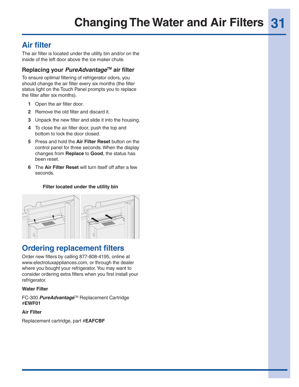 Changing the water and air filters, Ordering replacement filters, Air filter | Electrolux EW28BS85KS User Manual | Page 31 / 39