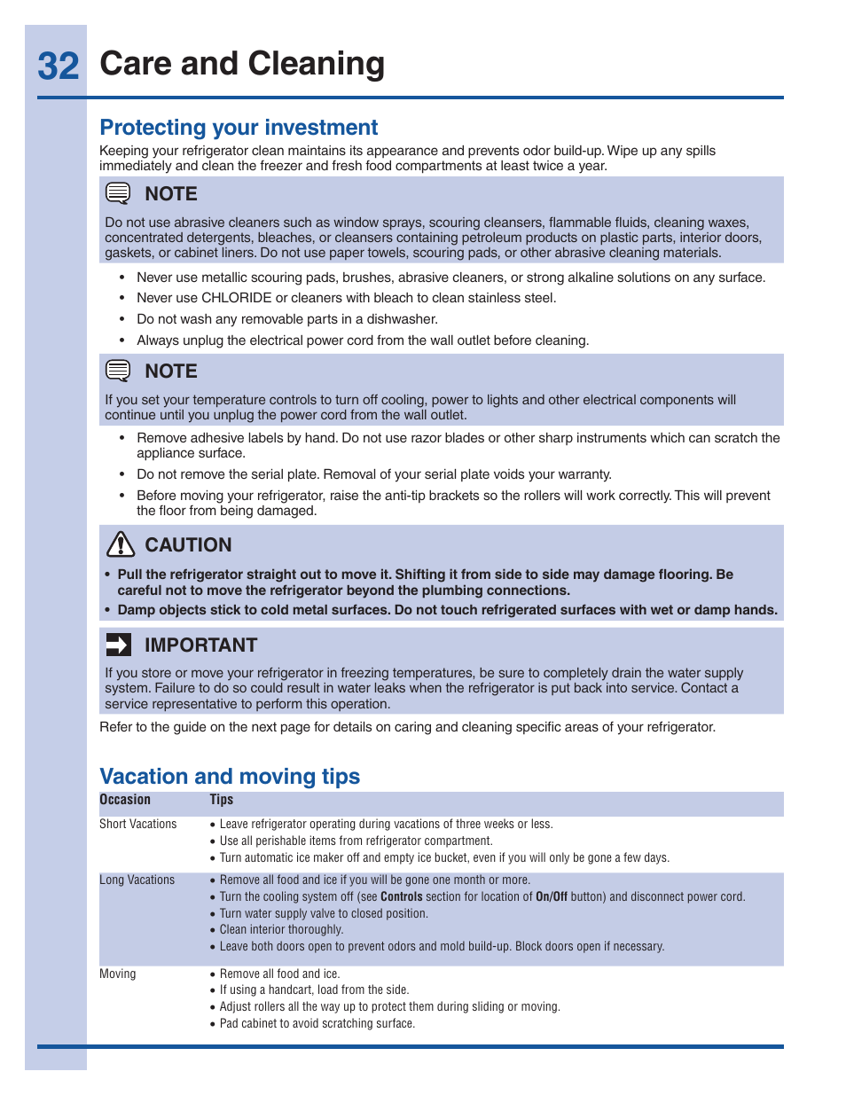 Care and cleaning, Protecting your investment, Vacation and moving tips | Important, Caution | Electrolux EW28BS85KS User Manual | Page 32 / 39