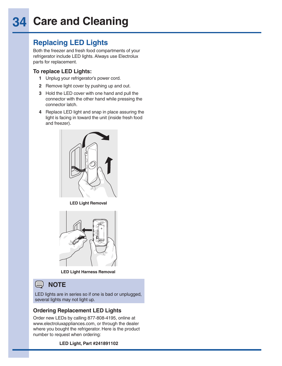 Care and cleaning, Replacing led lights | Electrolux EW28BS85KS User Manual | Page 34 / 39
