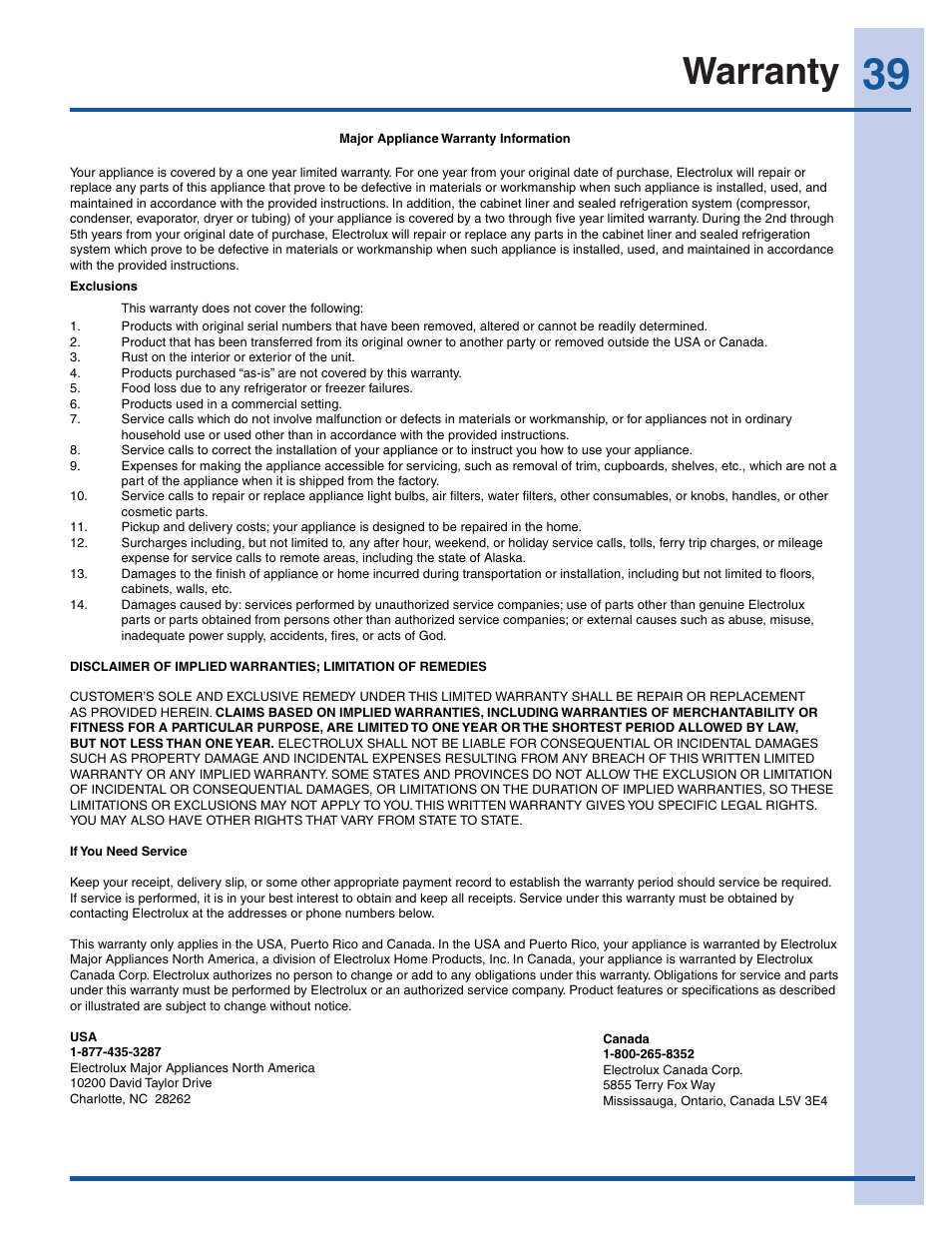 Warranty | Electrolux EW28BS85KS User Manual | Page 39 / 39