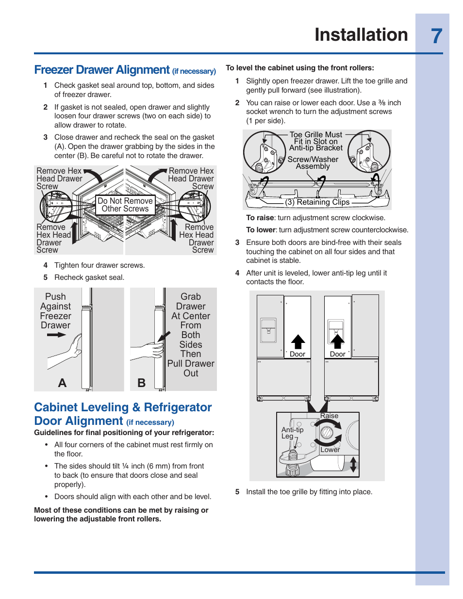 Installation, Freezer drawer alignment, Ab cabinet leveling & refrigerator door alignment | Electrolux EW28BS85KS User Manual | Page 7 / 39