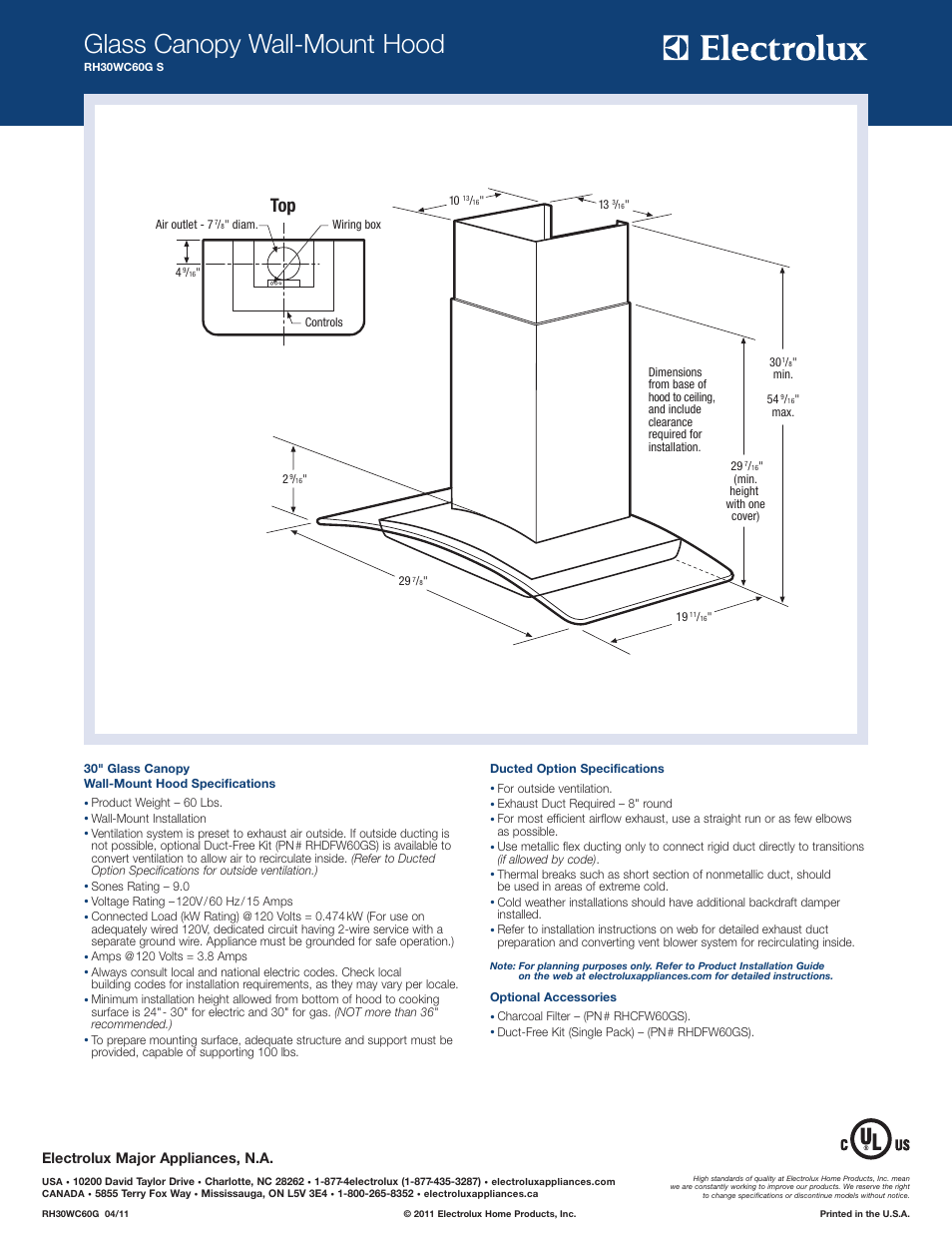 Glass canopy wall-mount hood, Electrolux major appliances, n.a | Electrolux RH30WC60GS User Manual | Page 2 / 2