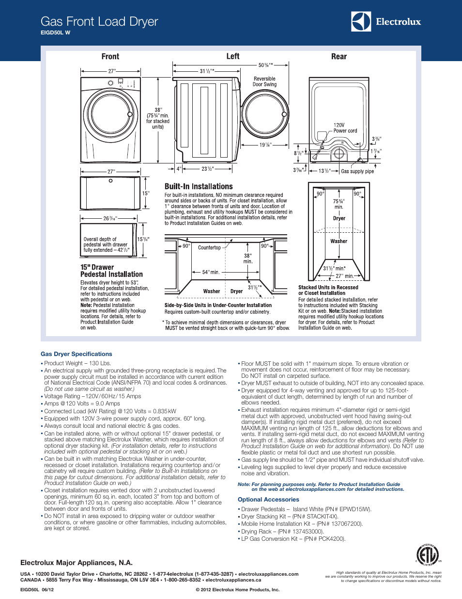 Gas front load dryer, Electrolux major appliances, n.a | Electrolux EIGD50LIW User Manual | Page 2 / 2
