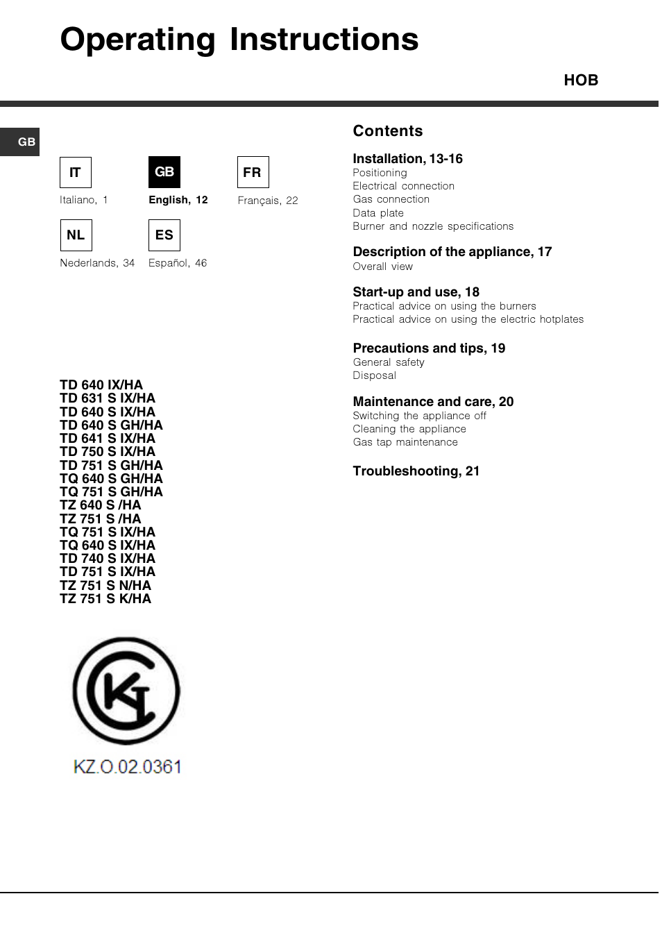 Operating instructions | Hotpoint Ariston TZ 751 S N (IX)-HA User Manual | Page 12 / 56
