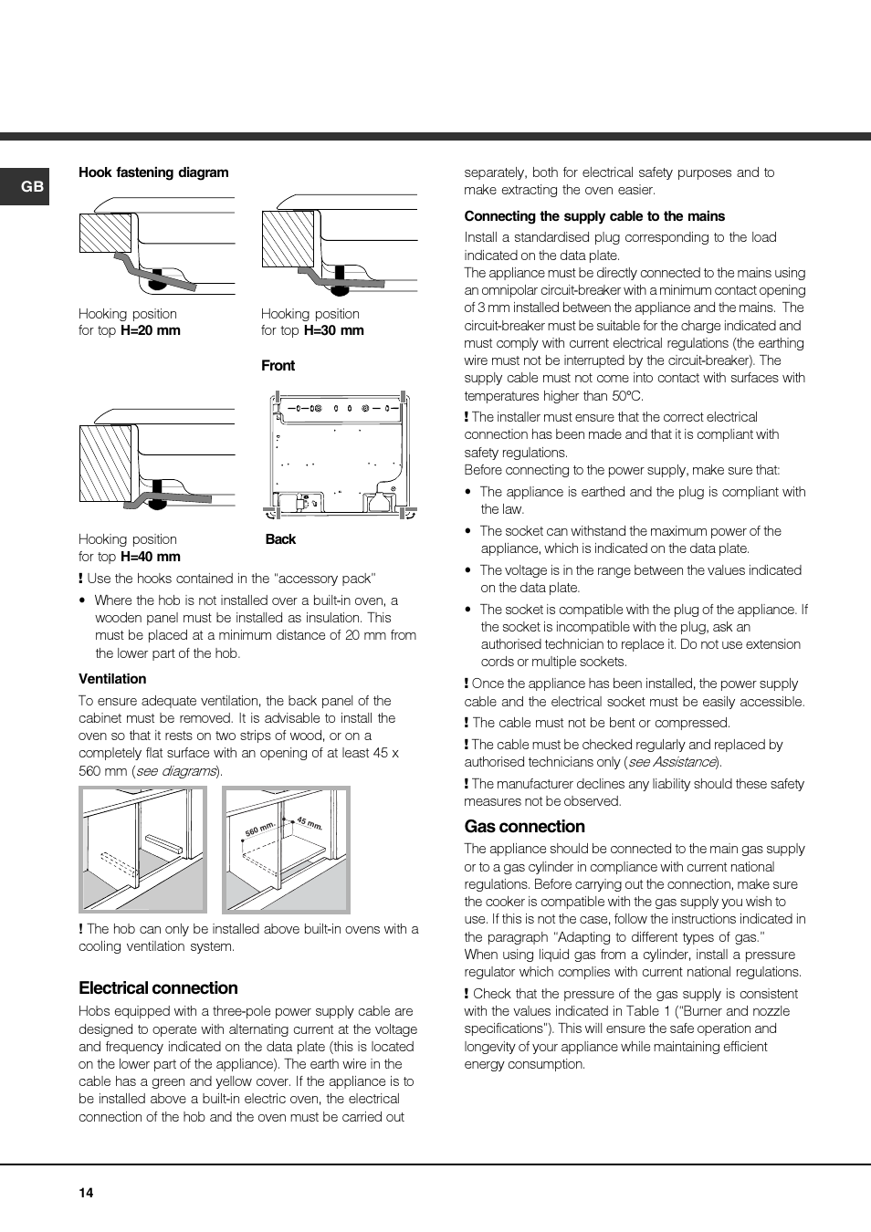 Electrical connection, Gas connection | Hotpoint Ariston TZ 751 S N (IX)-HA User Manual | Page 14 / 56