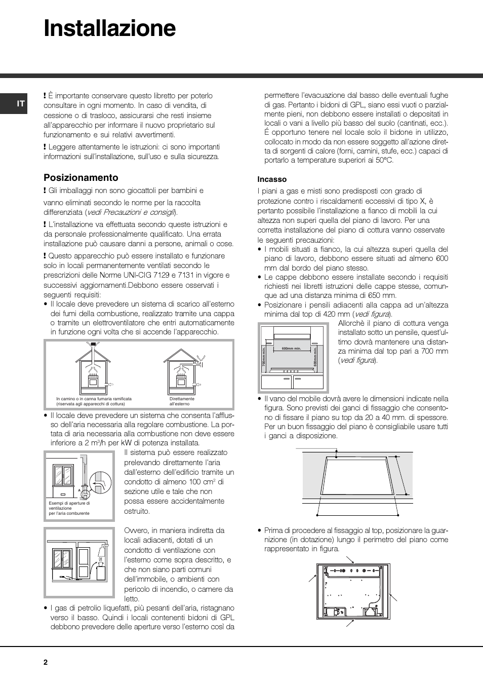 Installazione, Posizionamento | Hotpoint Ariston TZ 751 S N (IX)-HA User Manual | Page 2 / 56