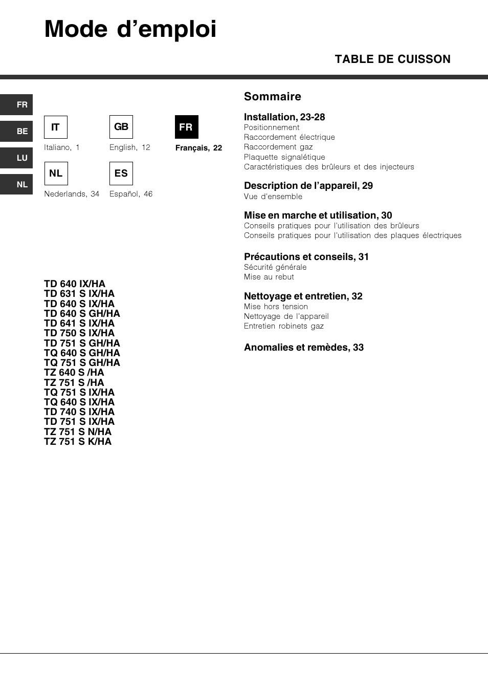 Mode d’emploi, Table de cuisson, Sommaire | Hotpoint Ariston TZ 751 S N (IX)-HA User Manual | Page 22 / 56