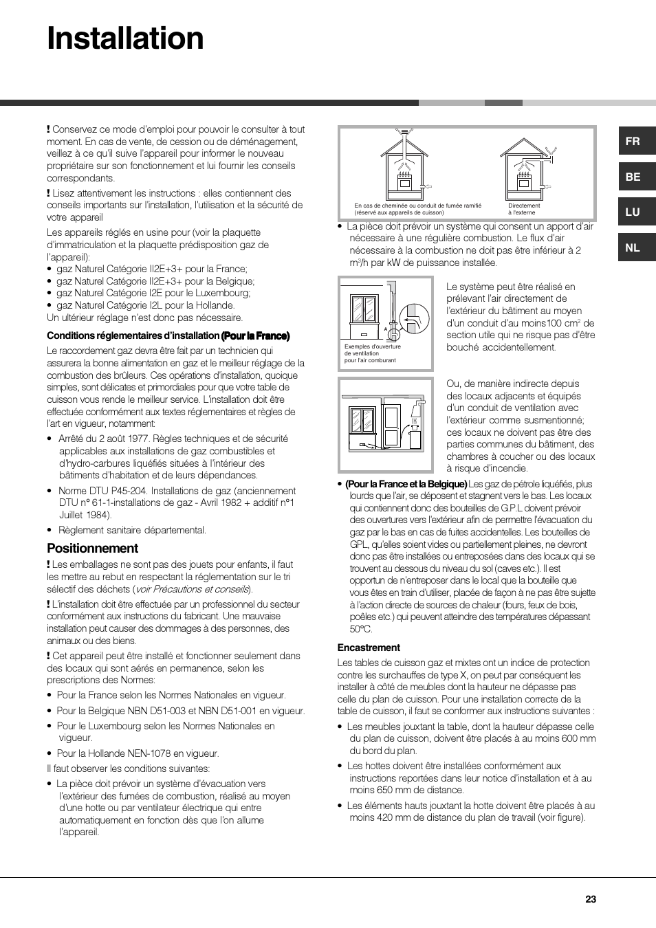 Installation, Positionnement | Hotpoint Ariston TZ 751 S N (IX)-HA User Manual | Page 23 / 56