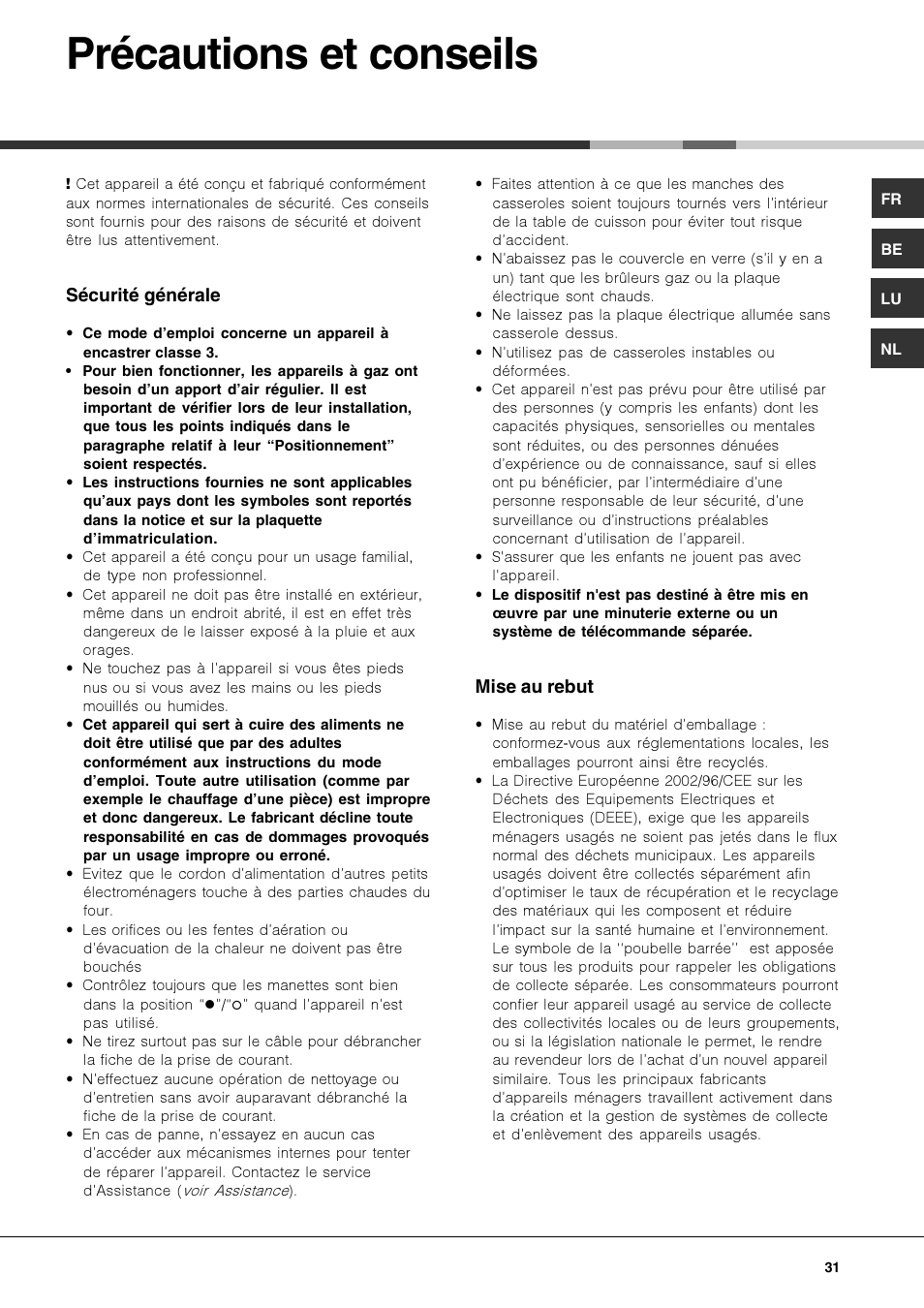 Précautions et conseils | Hotpoint Ariston TZ 751 S N (IX)-HA User Manual | Page 31 / 56