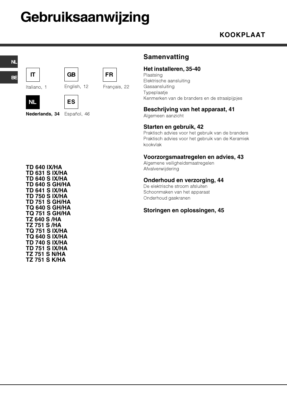 Gebruiksaanwijzing, Kookplaat samenvatting | Hotpoint Ariston TZ 751 S N (IX)-HA User Manual | Page 34 / 56