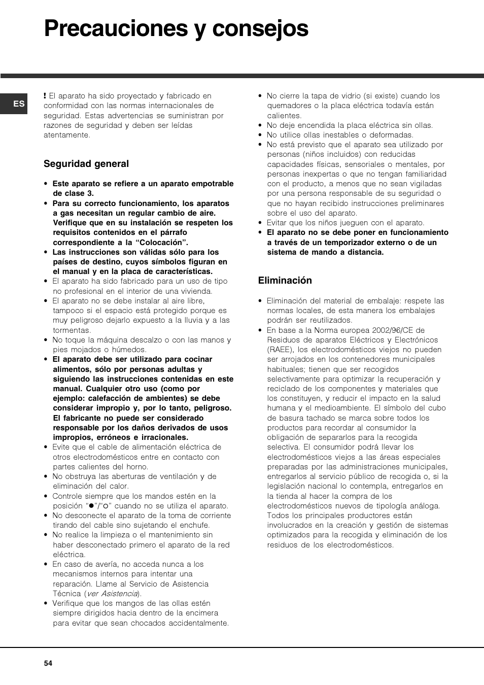 Precauciones y consejos | Hotpoint Ariston TZ 751 S N (IX)-HA User Manual | Page 54 / 56