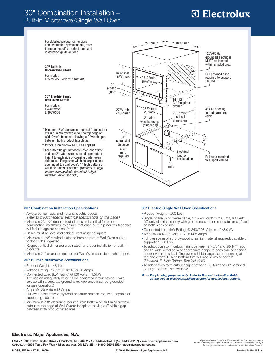 30" combination installation, Built-in microwave/single wall oven, Electrolux major appliances, n.a | Electrolux EI30EW35KW User Manual | Page 5 / 10