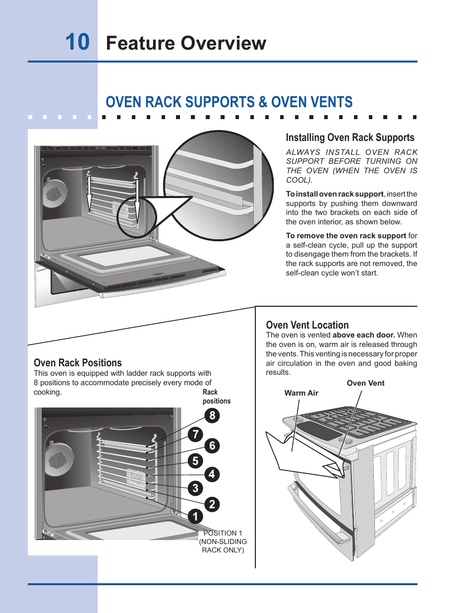 Feature overview, Oven rack supports & oven vents | Electrolux EI30DS55LW User Manual | Page 10 / 52