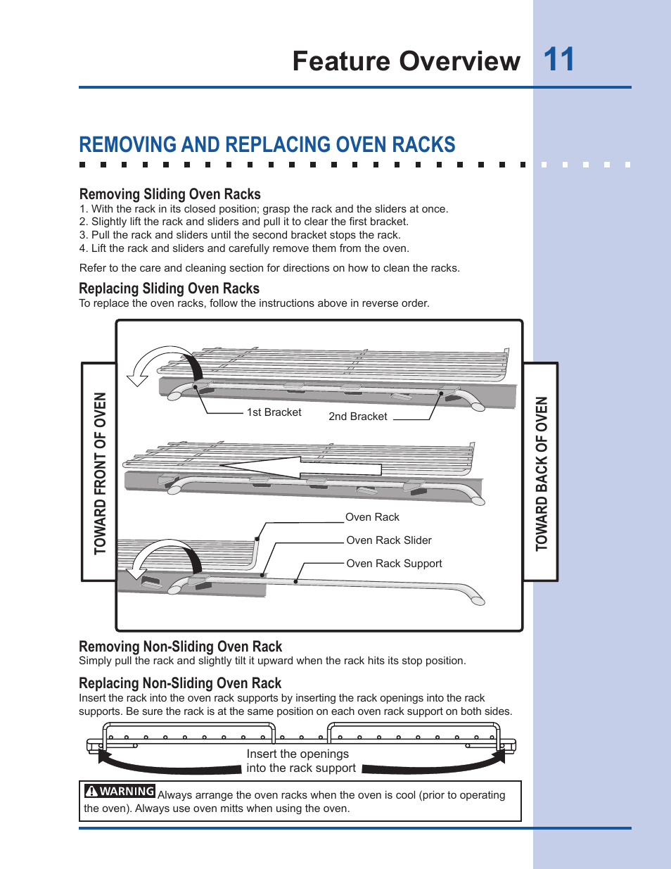 Feature overview, Removing and replacing oven racks | Electrolux EI30DS55LW User Manual | Page 11 / 52