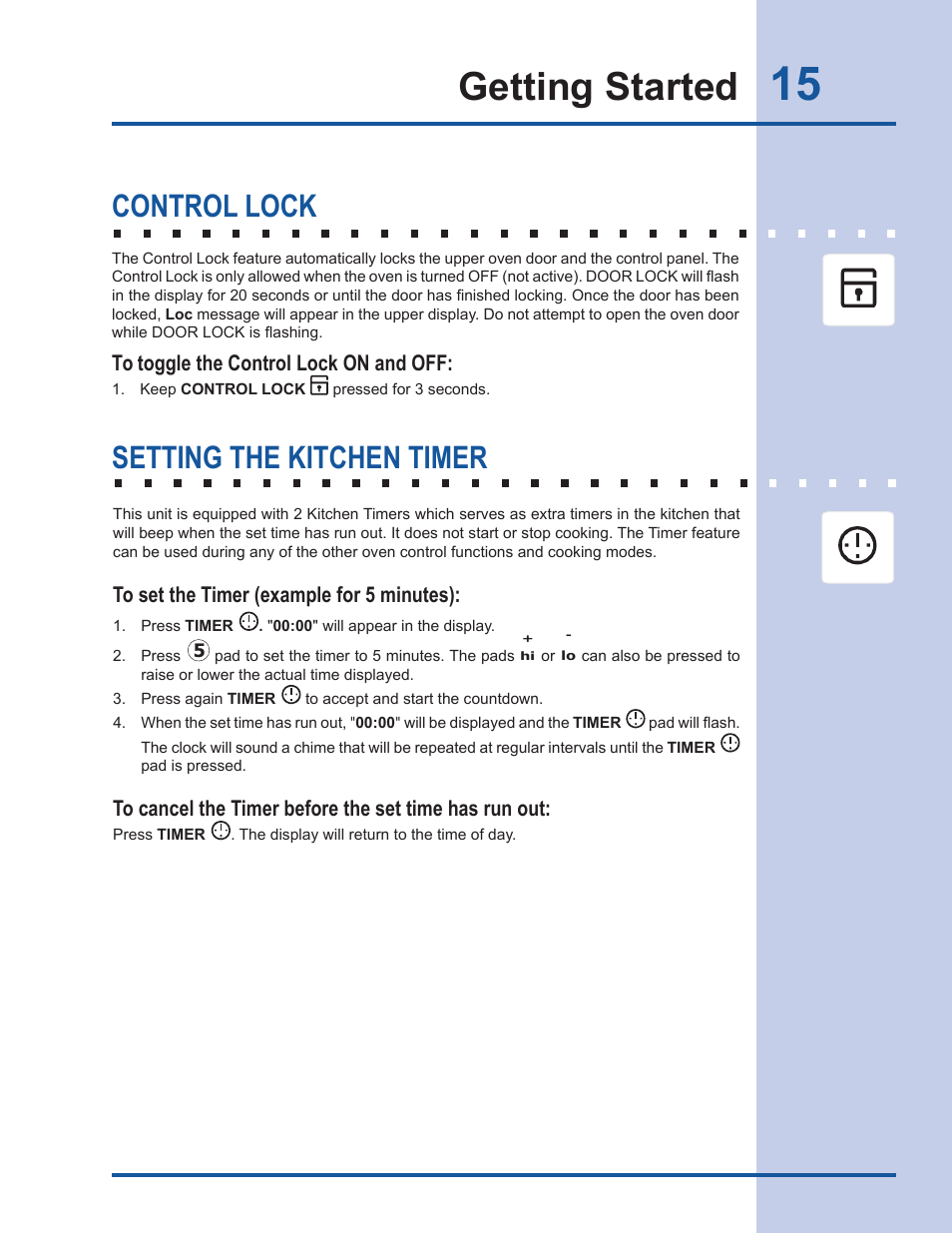 Getting started, Control lock, Setting the kitchen timer | Electrolux EI30DS55LW User Manual | Page 15 / 52