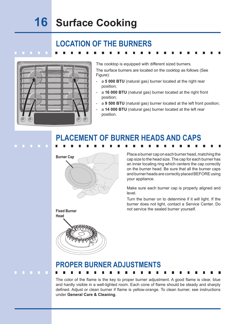 Surface cooking, Proper burner adjustments | Electrolux EI30DS55LW User Manual | Page 16 / 52