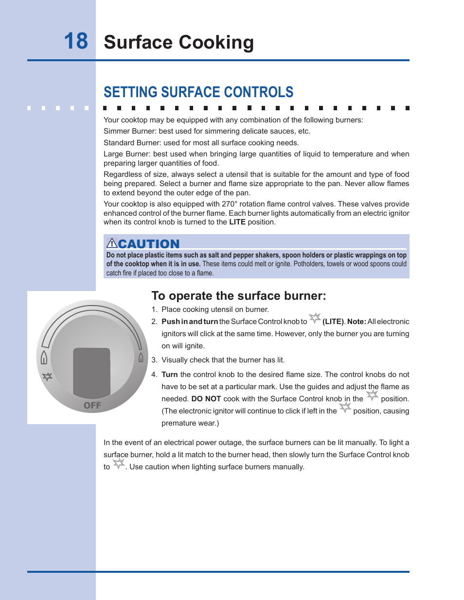 Surface cooking, Setting surface controls, Caution | Electrolux EI30DS55LW User Manual | Page 18 / 52