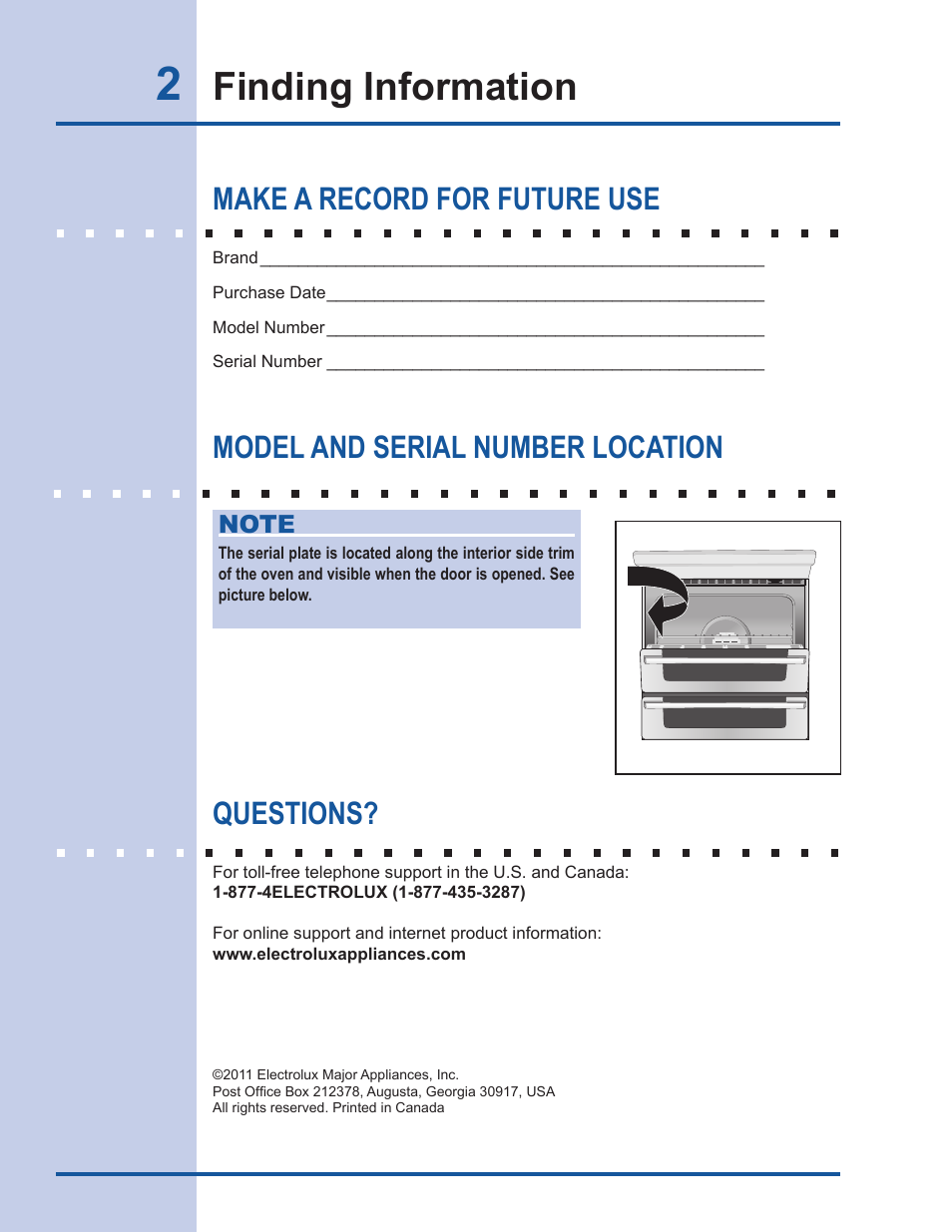 Finding information, Make a record for future use, Model and serial number location questions | Electrolux EI30DS55LW User Manual | Page 2 / 52
