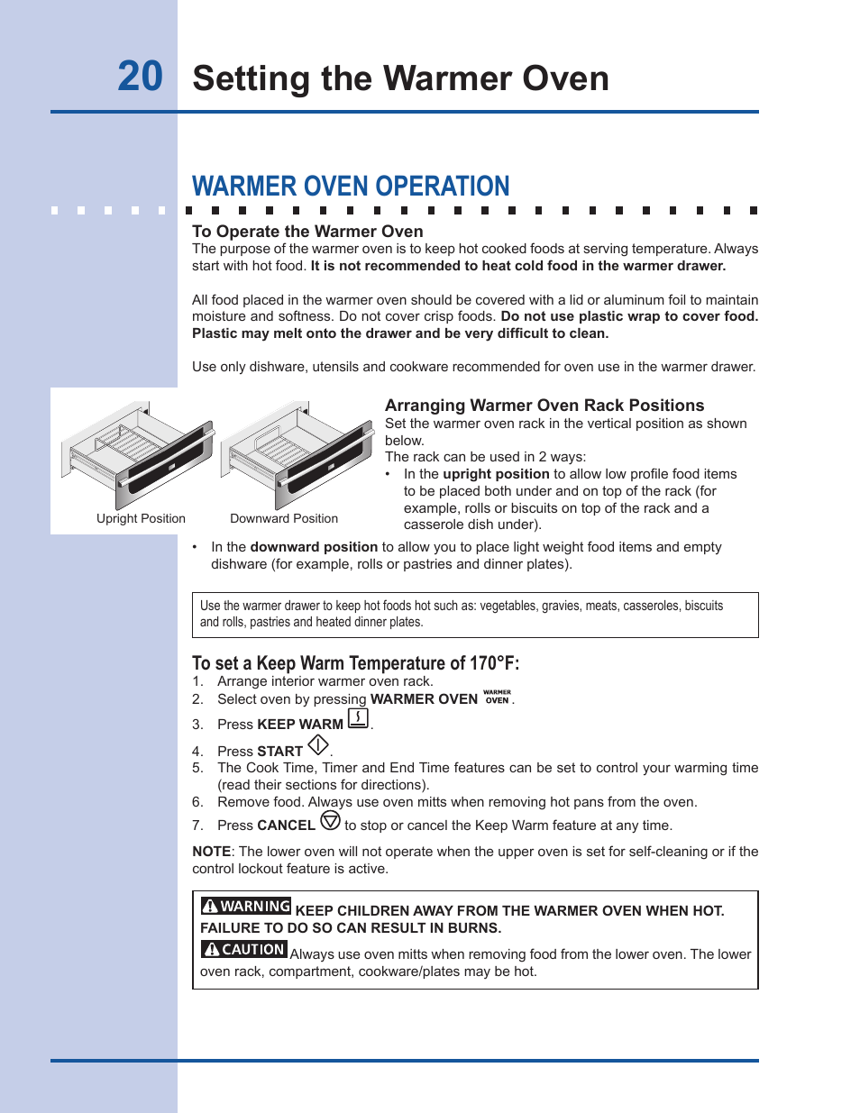 Setting the warmer oven, Warmer oven operation | Electrolux EI30DS55LW User Manual | Page 20 / 52