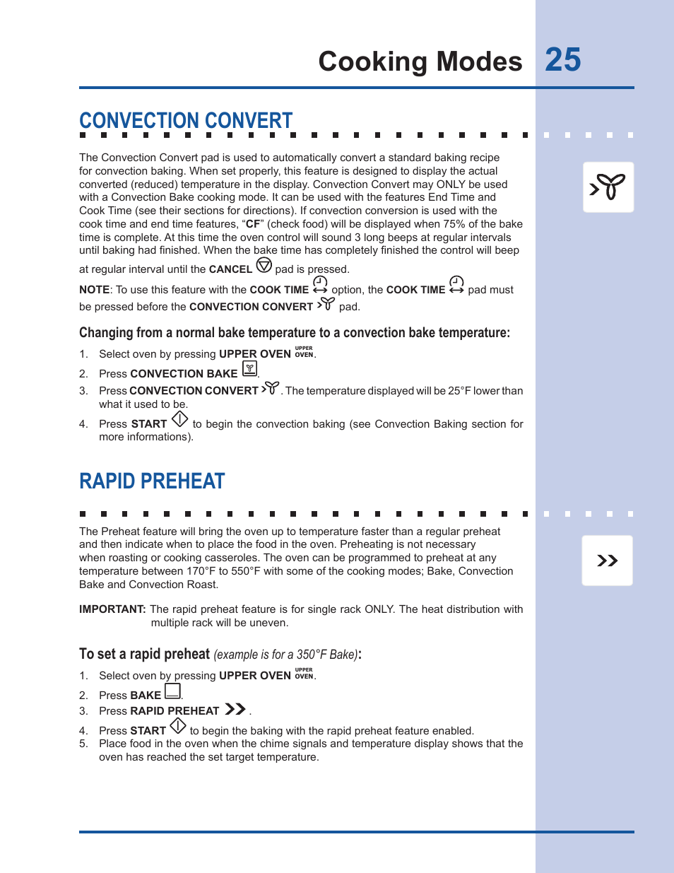 Cooking modes, Convection convert, Rapid preheat | Electrolux EI30DS55LW User Manual | Page 25 / 52
