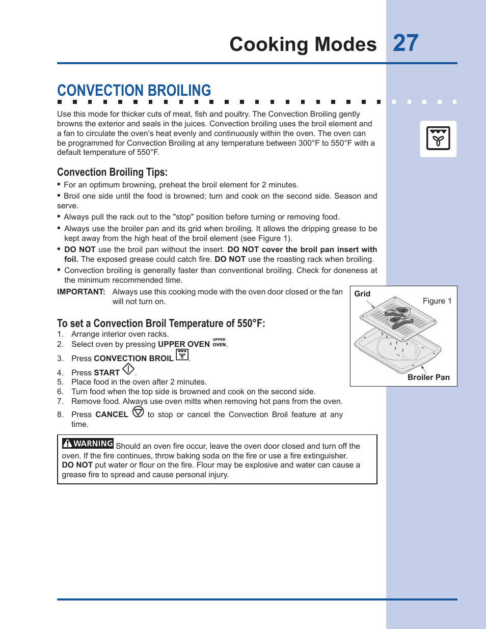 Cooking modes, Convection broiling, Convection broiling tips | Electrolux EI30DS55LW User Manual | Page 27 / 52