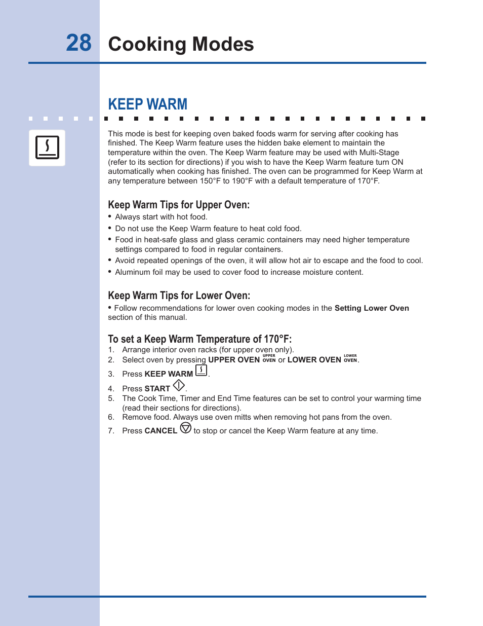 Cooking modes, Keep warm, Keep warm tips for upper oven | Keep warm tips for lower oven | Electrolux EI30DS55LW User Manual | Page 28 / 52