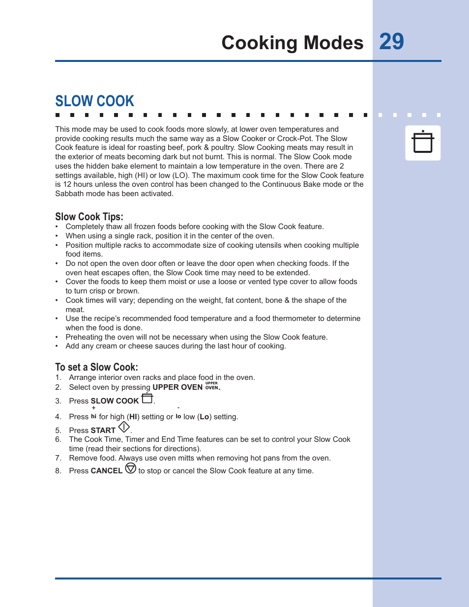 Cooking modes, Slow cook, Slow cook tips | Electrolux EI30DS55LW User Manual | Page 29 / 52