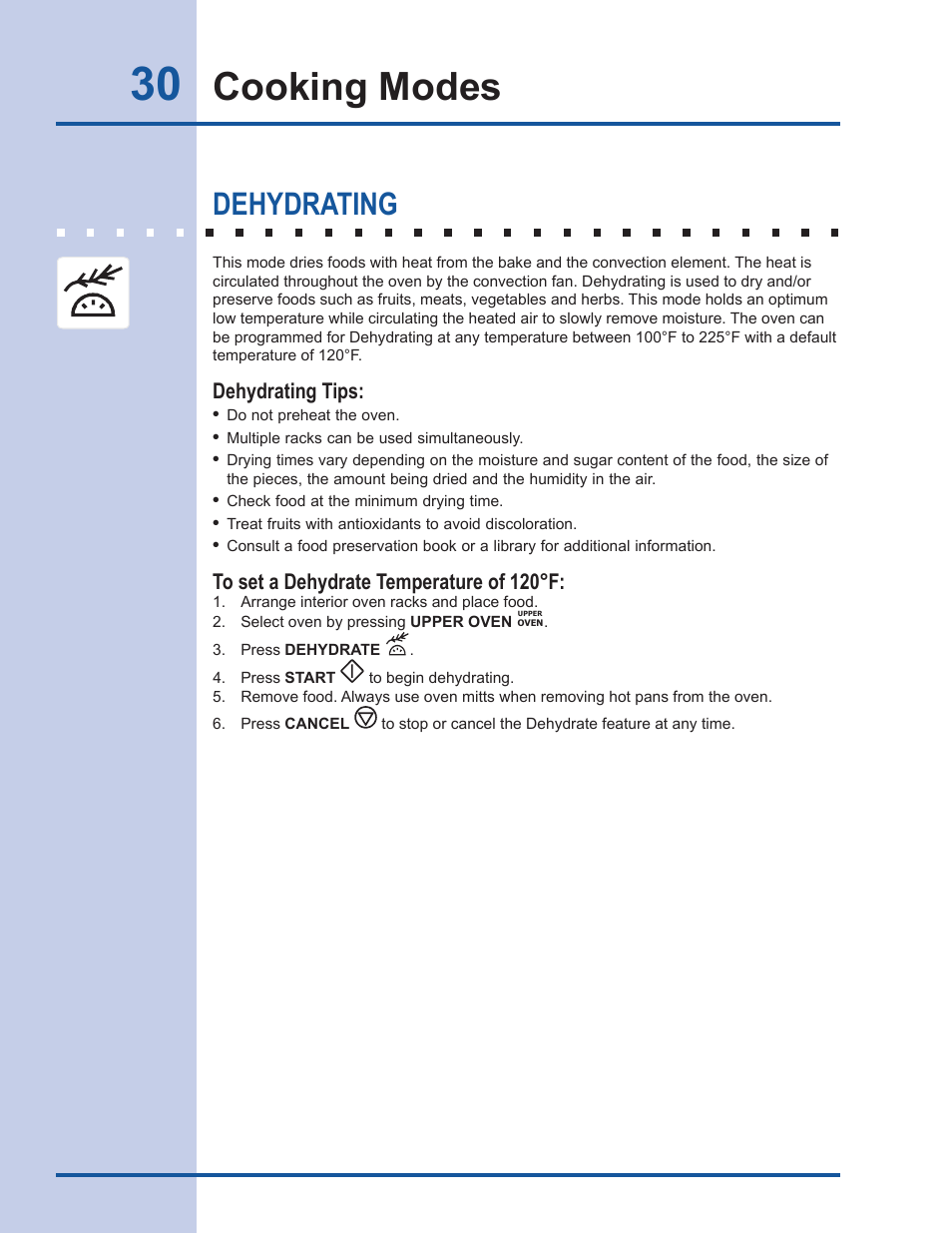 Cooking modes, Dehydrating, Dehydrating tips | Electrolux EI30DS55LW User Manual | Page 30 / 52