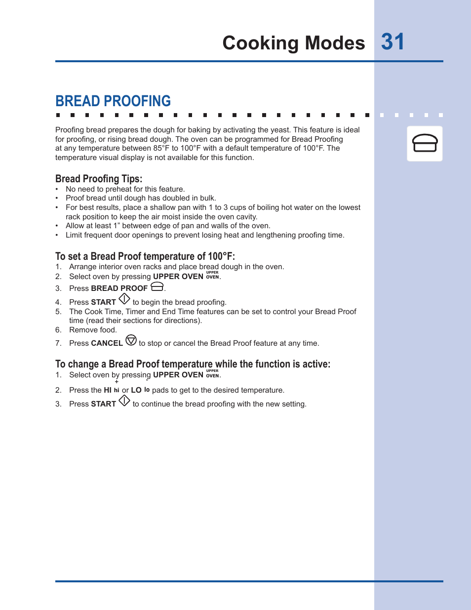 Cooking modes, Bread proofing, Bread proofing tips | Electrolux EI30DS55LW User Manual | Page 31 / 52