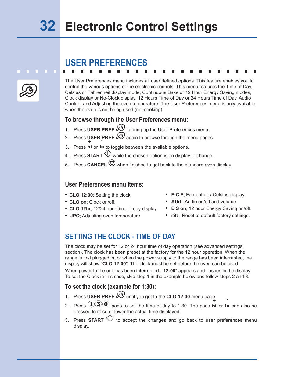 Electronic control settings, User preferences, Setting the clock - time of day | User preferences menu items | Electrolux EI30DS55LW User Manual | Page 32 / 52