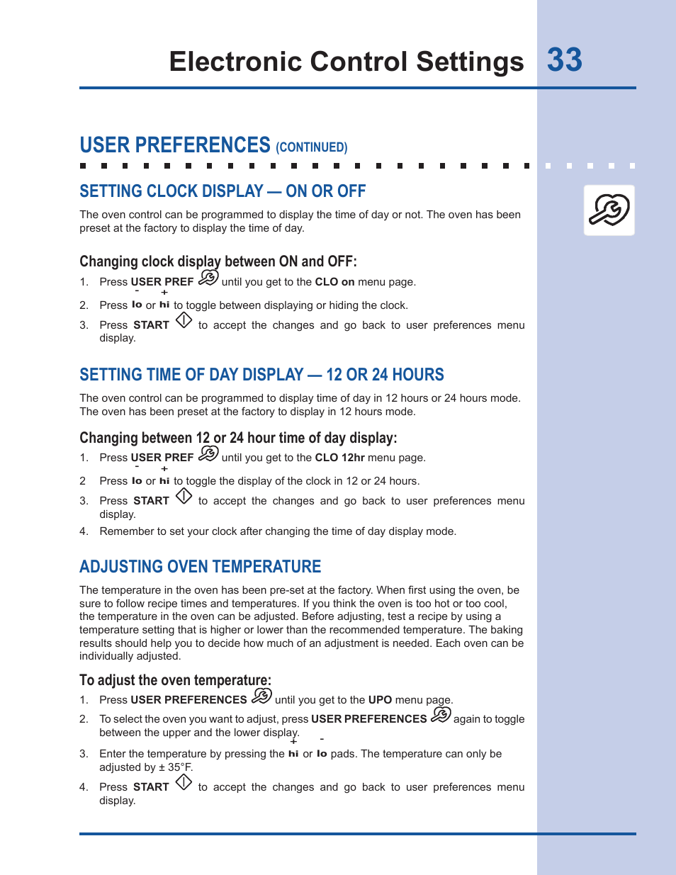 Electronic control settings, User preferences, Adjusting oven temperature | Setting time of day display — 12 or 24 hours, Setting clock display — on or off, Changing between 12 or 24 hour time of day display, Changing clock display between on and off | Electrolux EI30DS55LW User Manual | Page 33 / 52