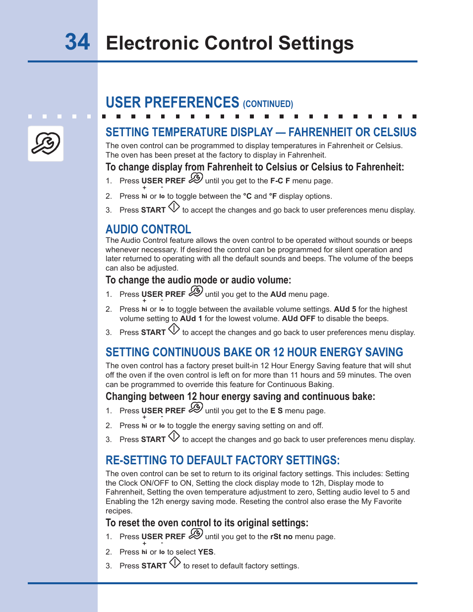 Electronic control settings, User preferences, Setting continuous bake or 12 hour energy saving | Re-setting to default factory settings, Audio control | Electrolux EI30DS55LW User Manual | Page 34 / 52