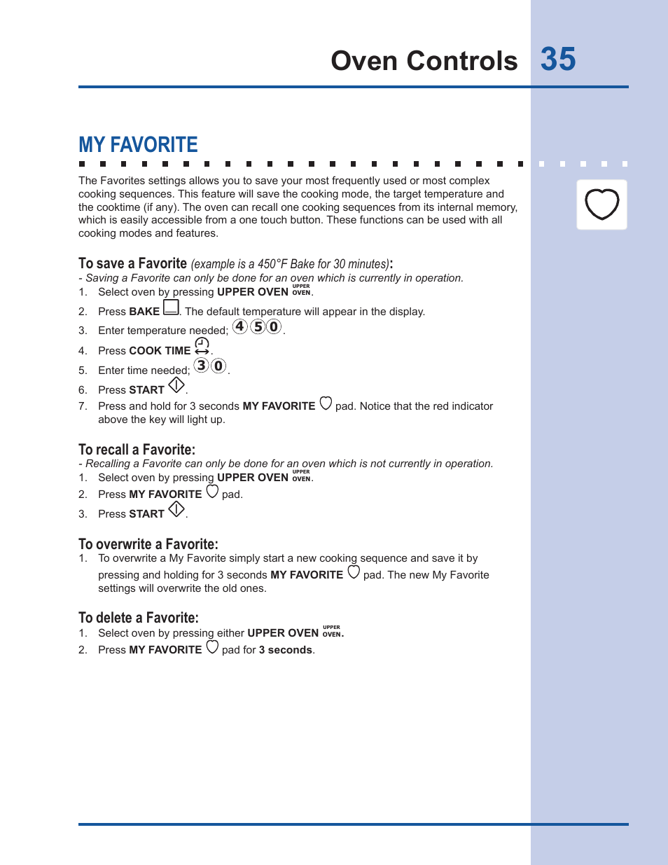 Oven controls, My favorite | Electrolux EI30DS55LW User Manual | Page 35 / 52