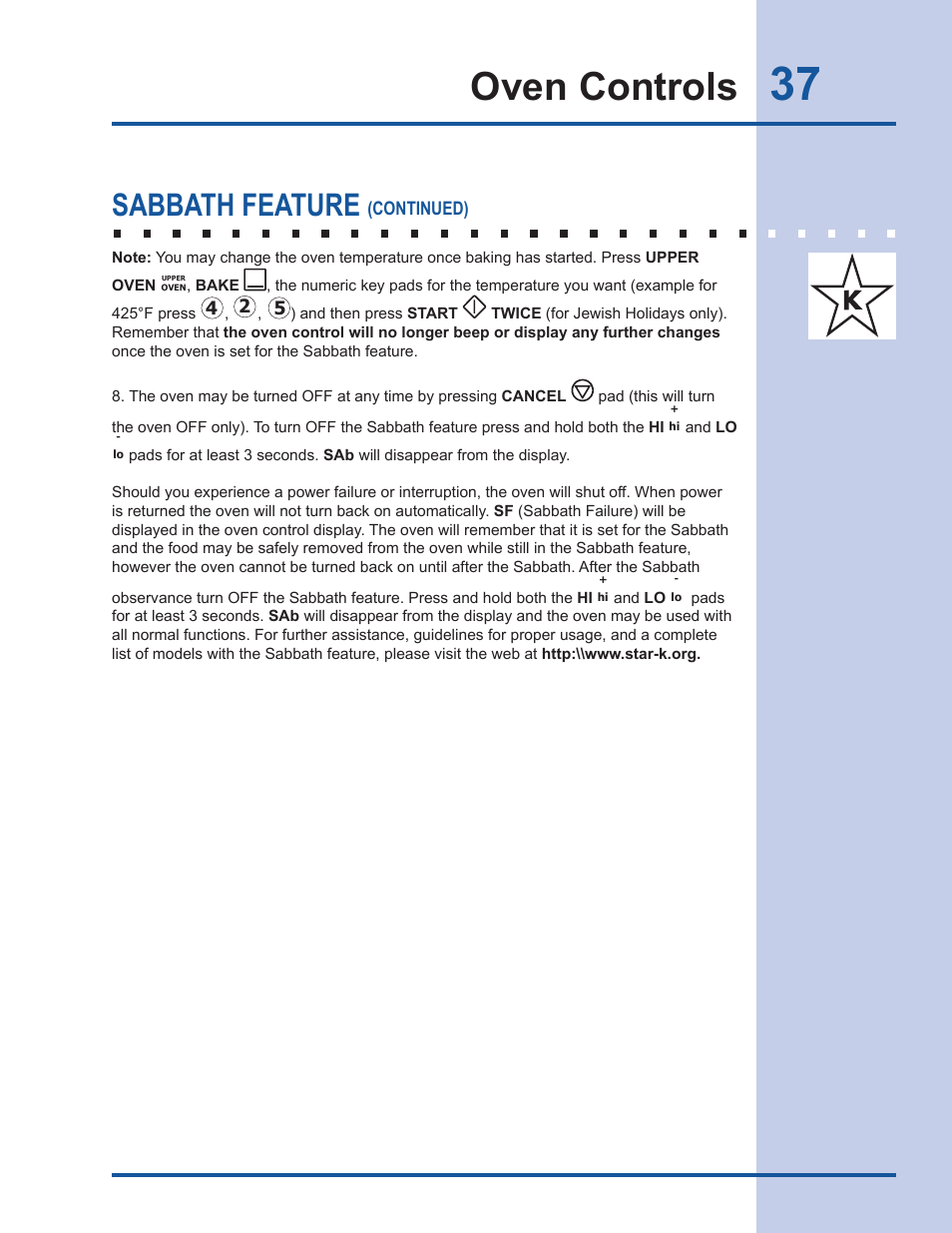 Oven controls, Sabbath feature | Electrolux EI30DS55LW User Manual | Page 37 / 52