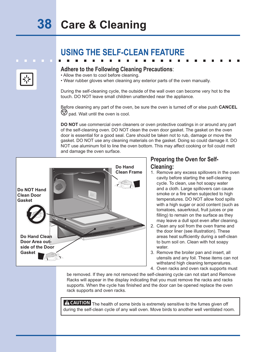 Care & cleaning, Using the self-clean feature, Adhere to the following cleaning precautions | Preparing the oven for self- cleaning | Electrolux EI30DS55LW User Manual | Page 38 / 52
