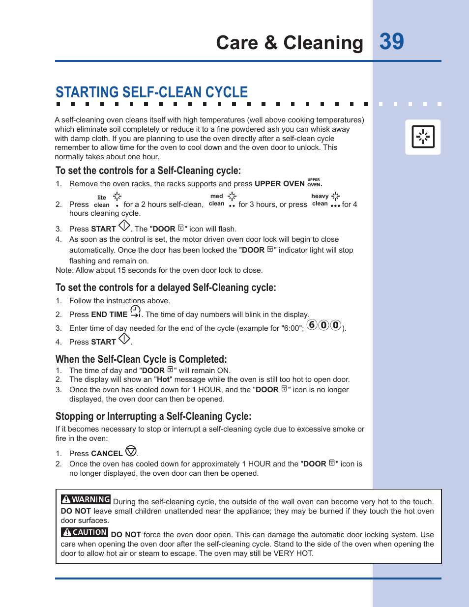 Care & cleaning, Starting self-clean cycle, When the self-clean cycle is completed | Stopping or interrupting a self-cleaning cycle | Electrolux EI30DS55LW User Manual | Page 39 / 52