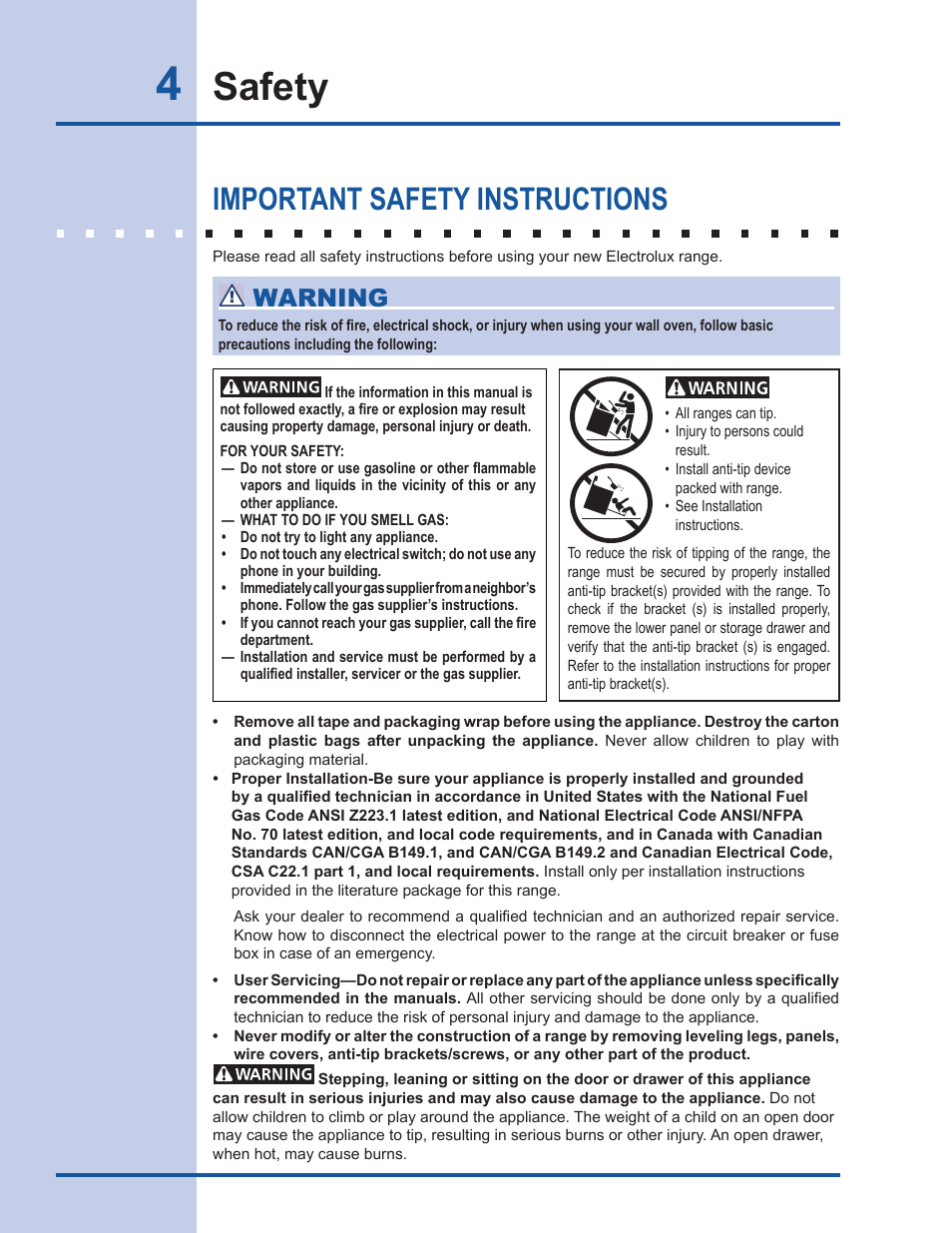 Safety, Important safety instructions, Warning | Electrolux EI30DS55LW User Manual | Page 4 / 52