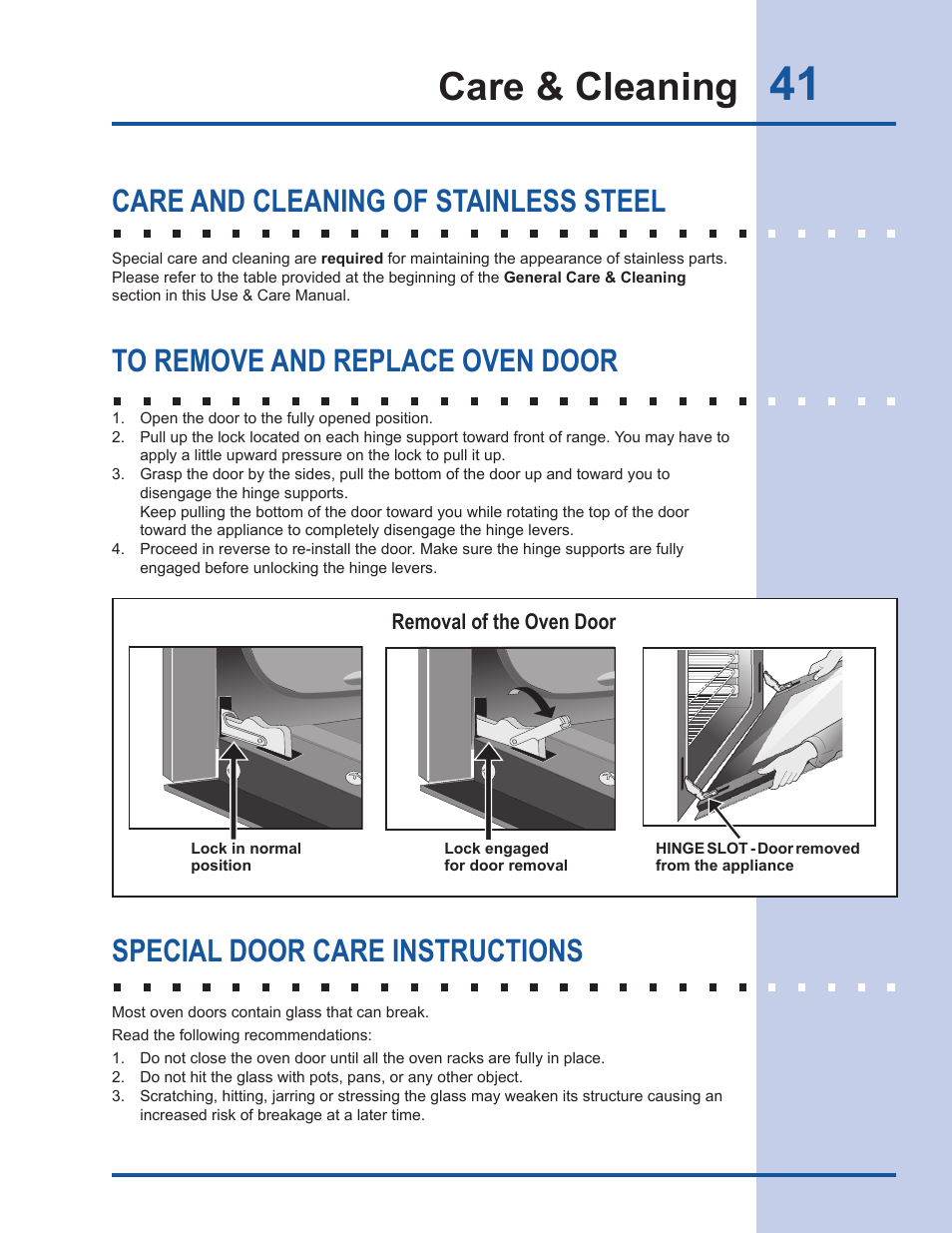 Care & cleaning, Special door care instructions, Care and cleaning of stainless steel | Electrolux EI30DS55LW User Manual | Page 41 / 52