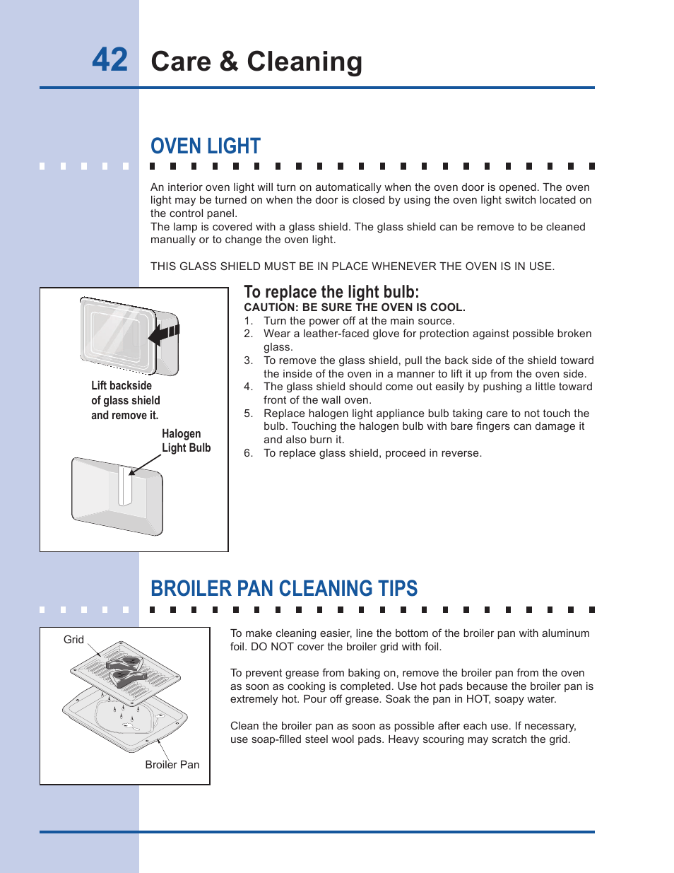 Care & cleaning, Oven light, Broiler pan cleaning tips | Electrolux EI30DS55LW User Manual | Page 42 / 52