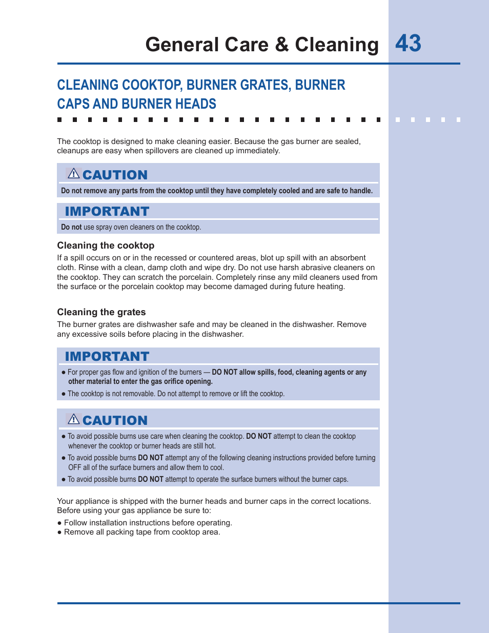 General care & cleaning, Caution, Important | Electrolux EI30DS55LW User Manual | Page 43 / 52