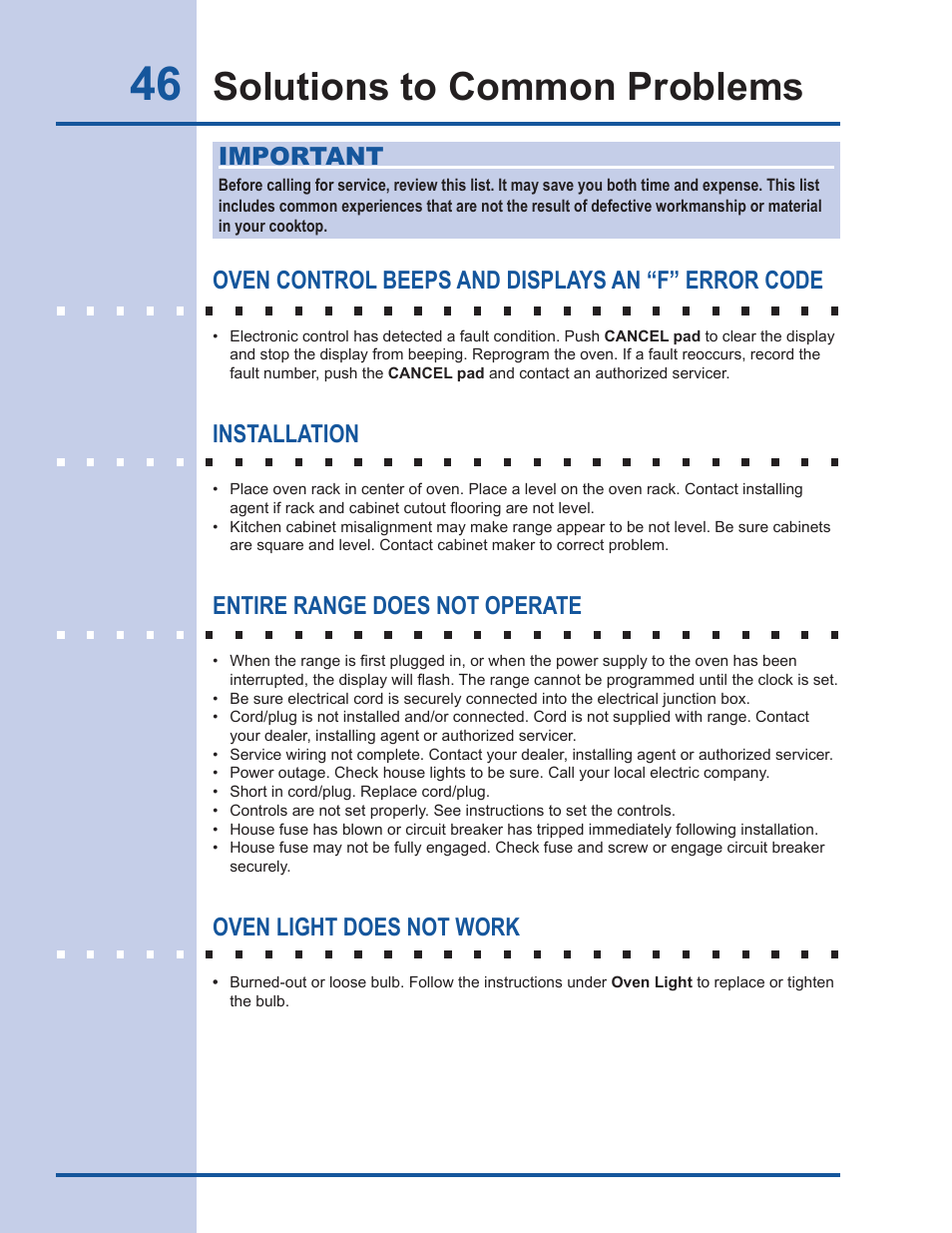 Solutions to common problems, Important, Oven control beeps and displays an “f” error code | Installation, Entire range does not operate, Oven light does not work | Electrolux EI30DS55LW User Manual | Page 46 / 52