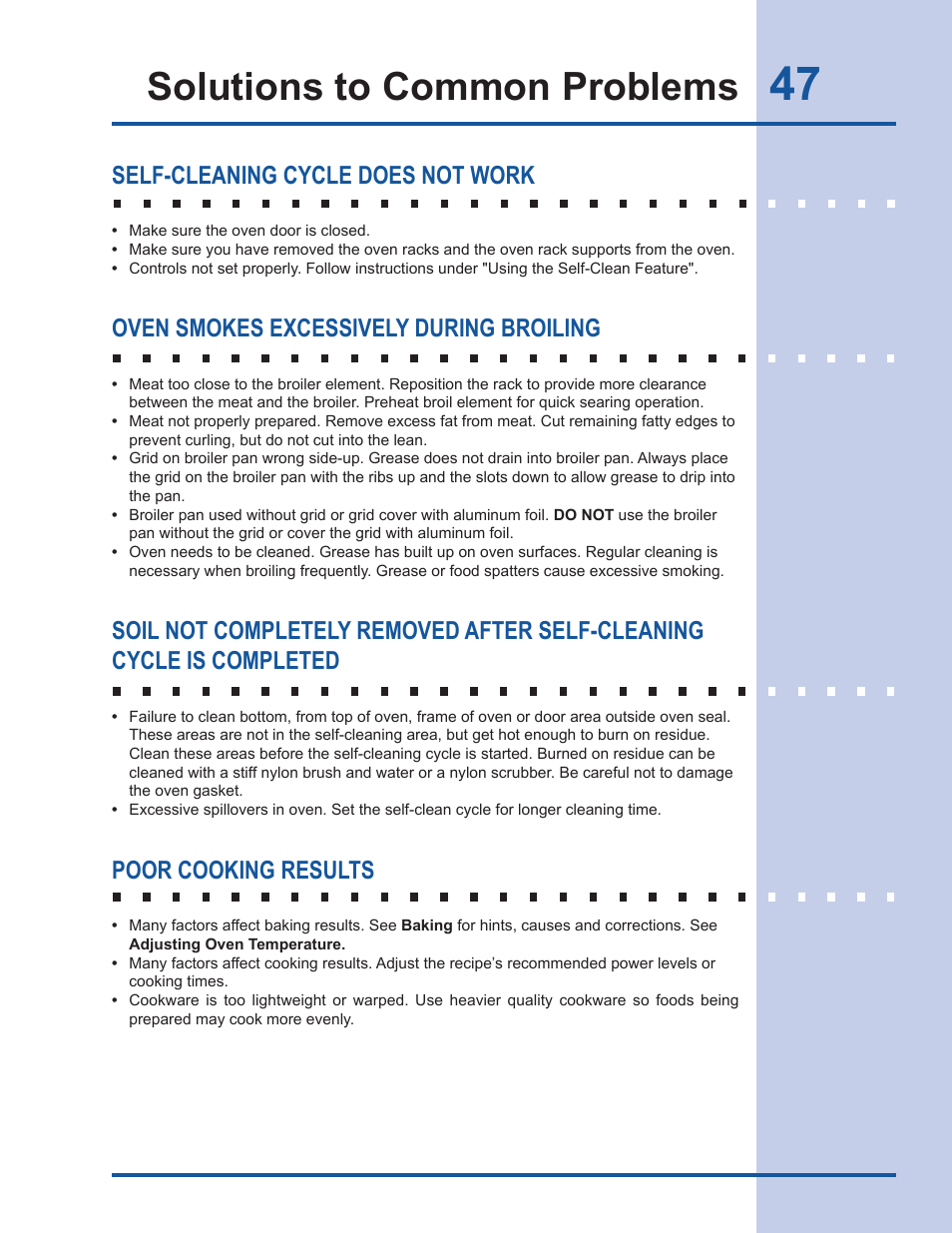 Solutions to common problems, Self-cleaning cycle does not work, Oven smokes excessively during broiling | Poor cooking results | Electrolux EI30DS55LW User Manual | Page 47 / 52