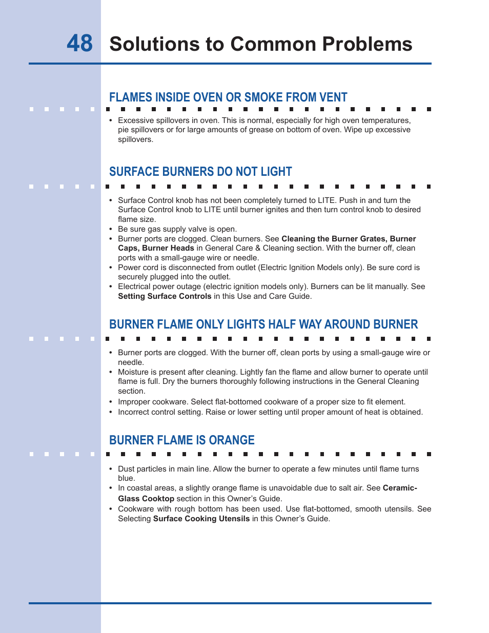 Solutions to common problems, Flames inside oven or smoke from vent, Surface burners do not light | Burner flame only lights half way around burner, Burner flame is orange | Electrolux EI30DS55LW User Manual | Page 48 / 52