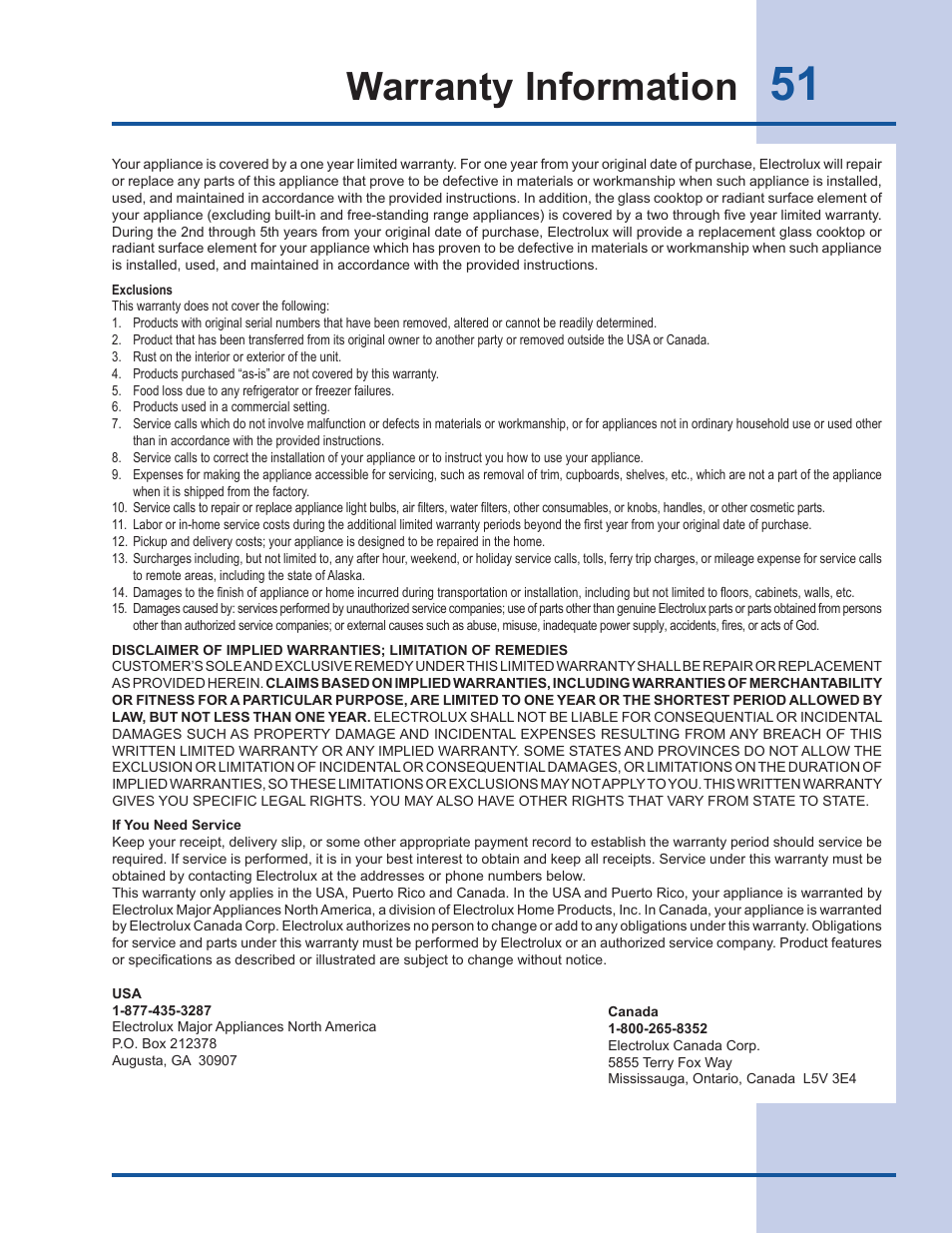Warranty information | Electrolux EI30DS55LW User Manual | Page 51 / 52